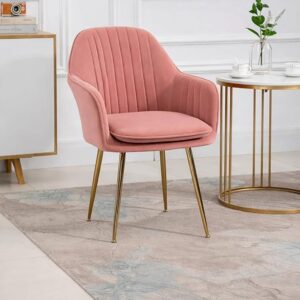 Velvet Upholstered Modern Accent Arm Chair for Living and Dining Room Mid-Century Club Guest Seat with Golden Legs Standard (Pink)